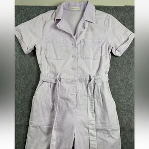 Shoe Fly Jumpsuit Women's Large White Tie-Belt Casual Straight Leg Button-front